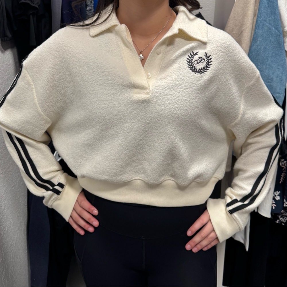 Victoria’s Secret PINK Cream Polo Sweatshirt with Black Stripes